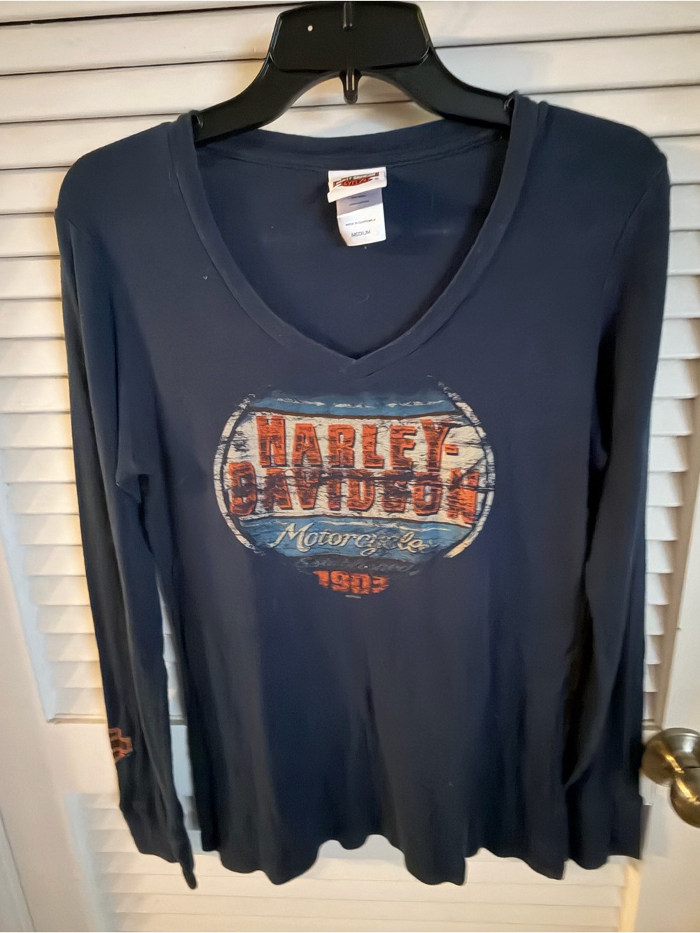 Harley-Davidson Navy Long Sleeve V-Neck Top with Retro Logo Med